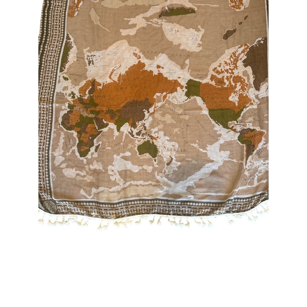 World Map Tassel Scarf – 3.5x6 ft Oversized Boho Wrap – Neutral Earth Tones – Tr - Picture 4 of 5